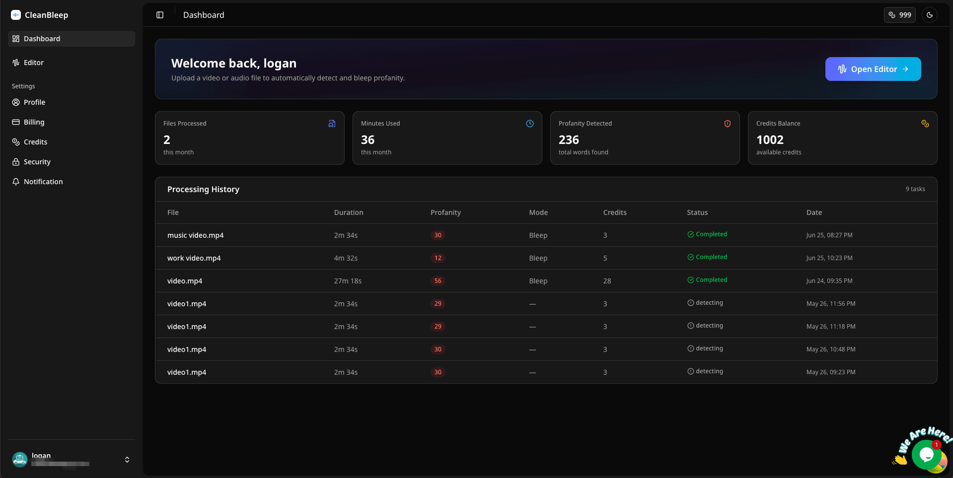 CleanBleep creator dashboard showing processing history, detected profanity, and credit usage