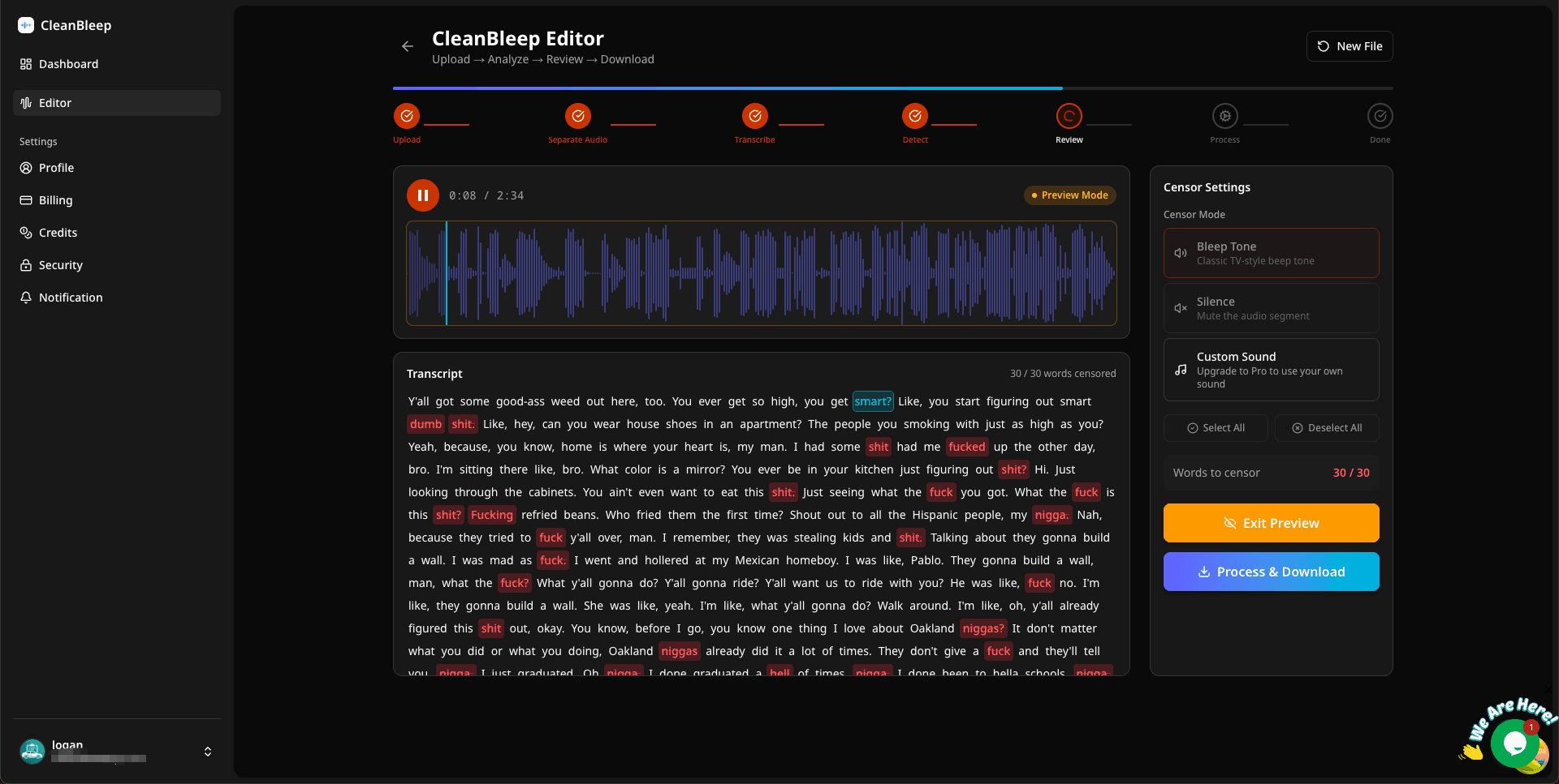 CleanBleep AI transcription with word-level profanity detection