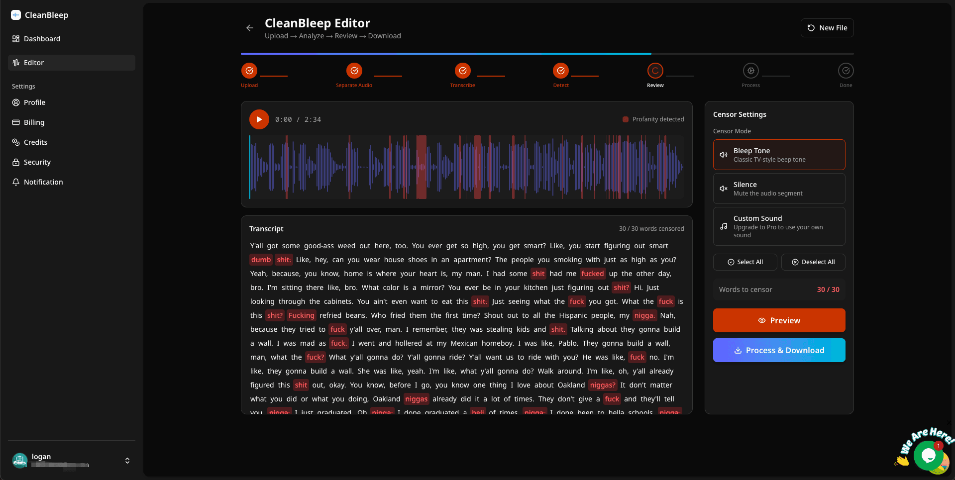 CleanBleep editor showing detected profanity on an audio waveform and transcript